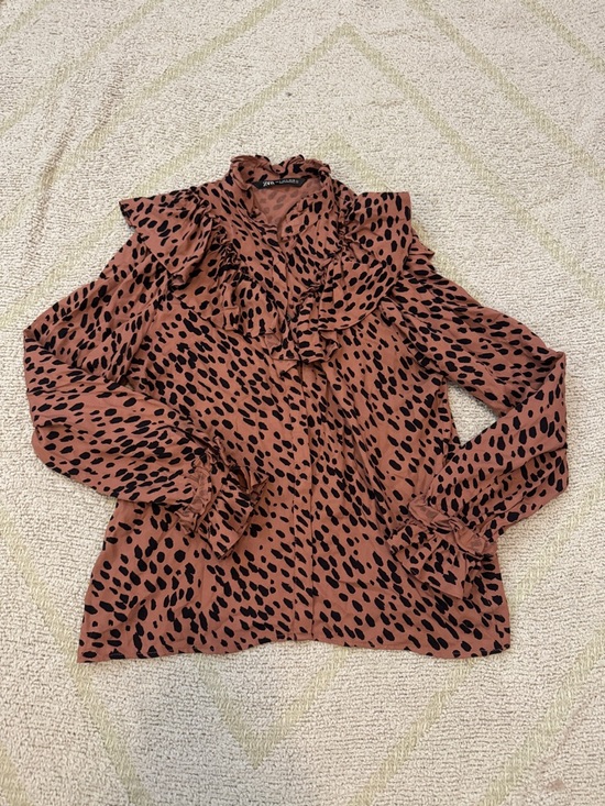 Zara Tops - Zara Ruffle Animal Print Blouse High Neck Statement Top Small